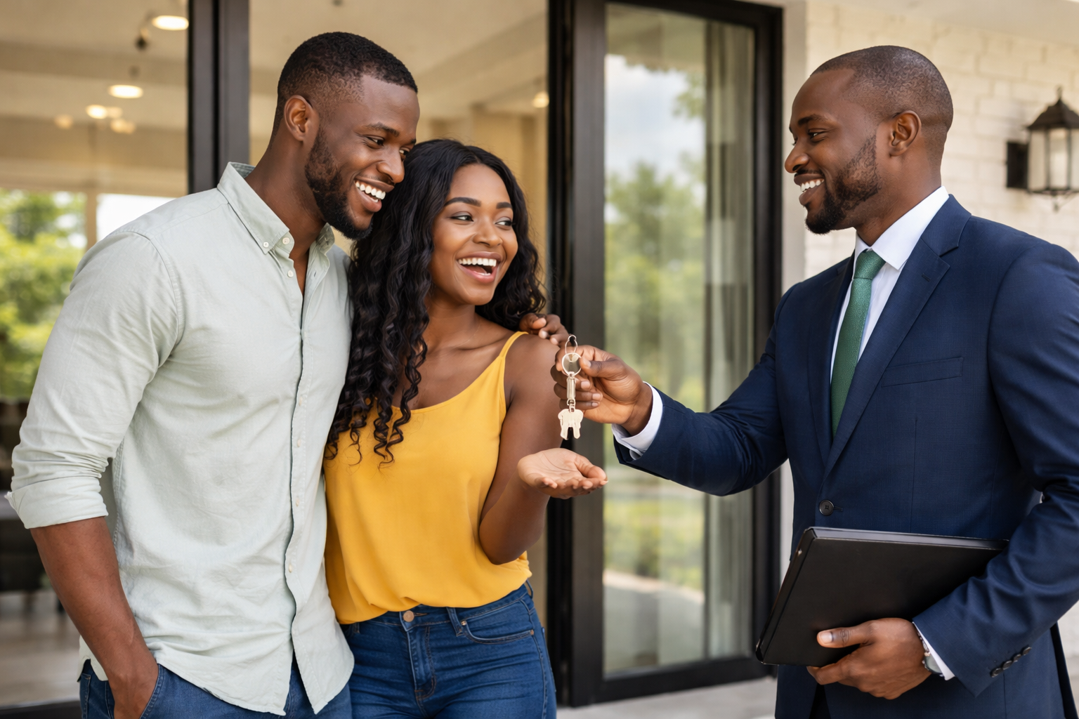 Real estate agent handing over keys to happy property buyers