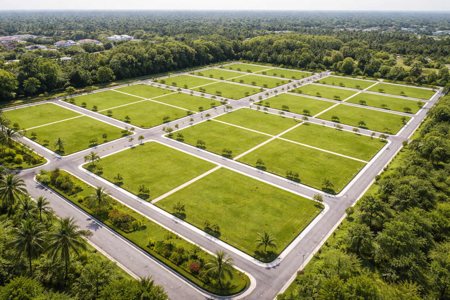 Aerial view of clean surveyed land plots with clear boundaries and green surroundings