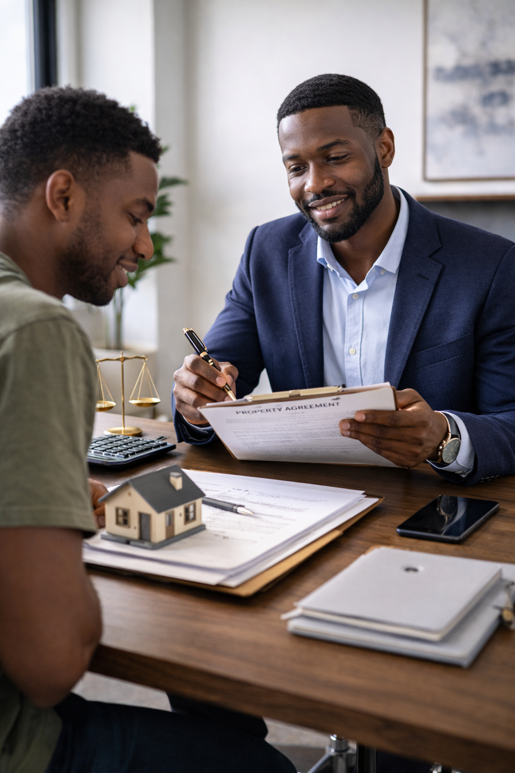 Professional reviewing legal property documents at a modern desk