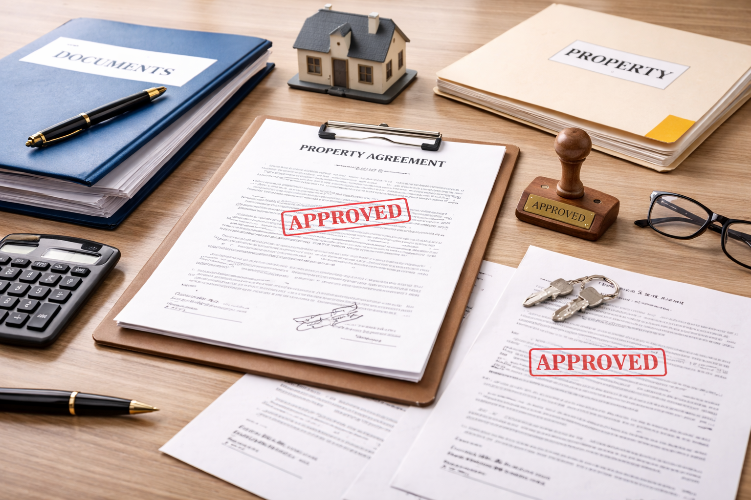 Official property documents, stamped papers, and folders on a clean desk symbolizing legal compliance and verified documentation